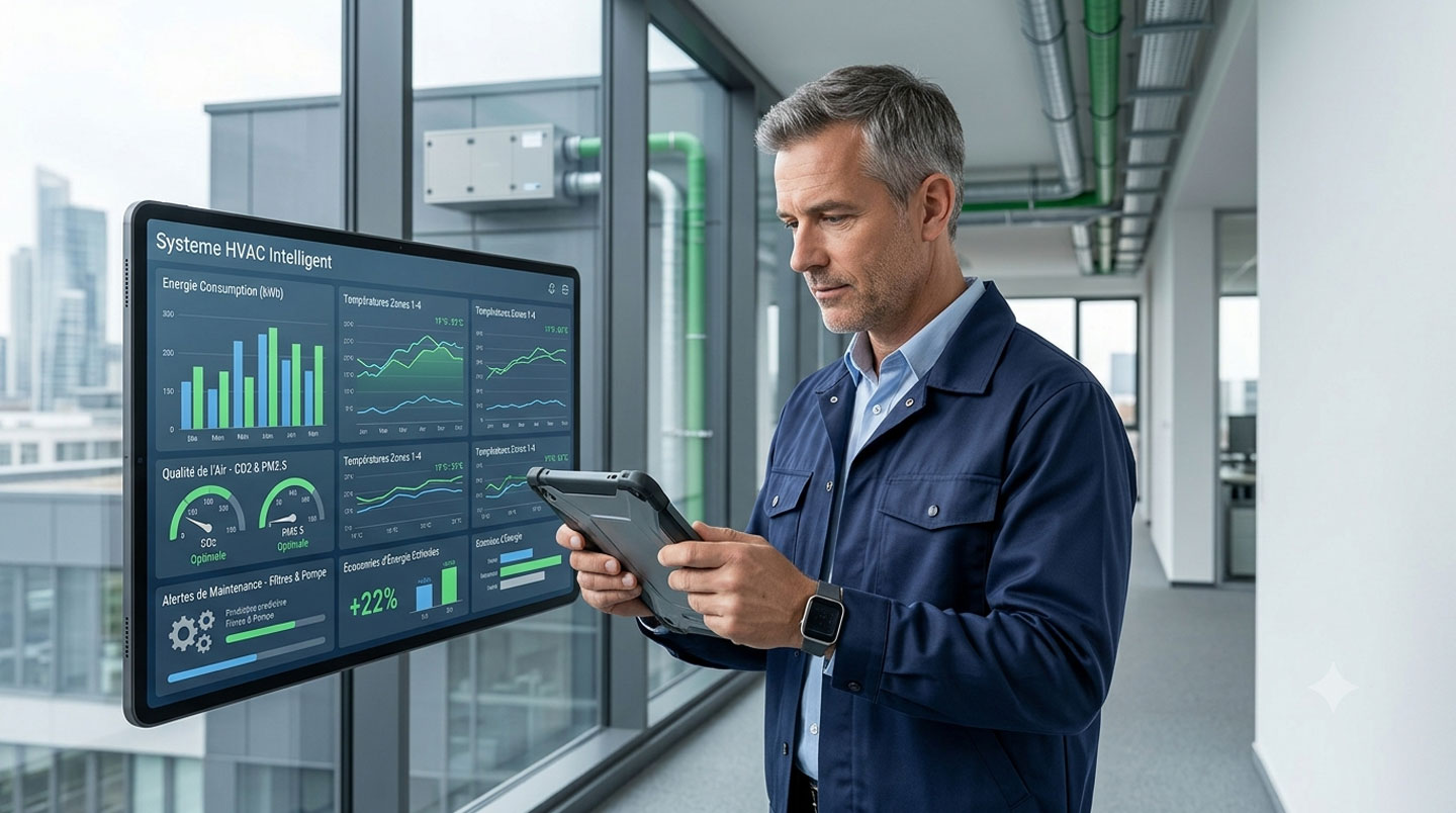 Grand écran affichant un tableau de bord BMS avec graphiques de consommation énergétique et températures par zones, gestionnaire consultant les données dans un bureau moderne