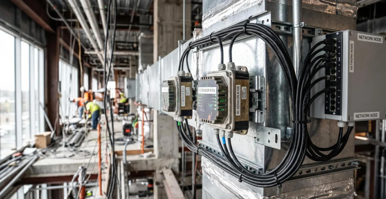 Capteurs IoT connectés montés sur conduits de ventilation avec câblage réseau et LED de statut dans une installation HVAC commerciale