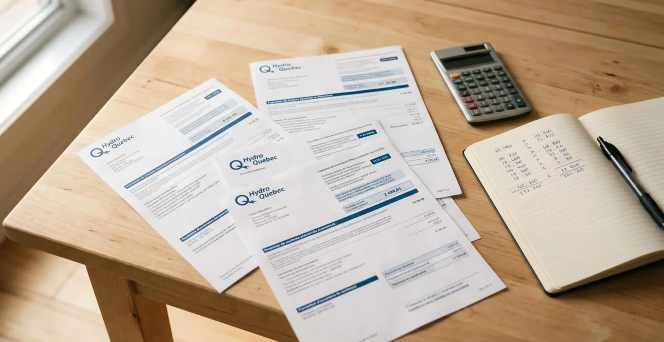 Factures Hydro-Québec étalées sur une table de cuisine en bois clair avec calculatrice et carnet de notes manuscrites, dans une lumière naturelle matinale, illustrant la comparaison des coûts énergétiques