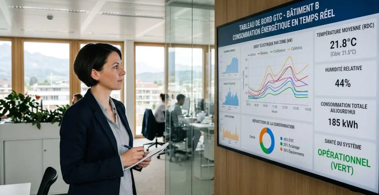 Grand écran affichant un tableau de bord BMS avec graphiques de consommation énergétique et températures par zones, gestionnaire consultant les données dans un bureau moderne