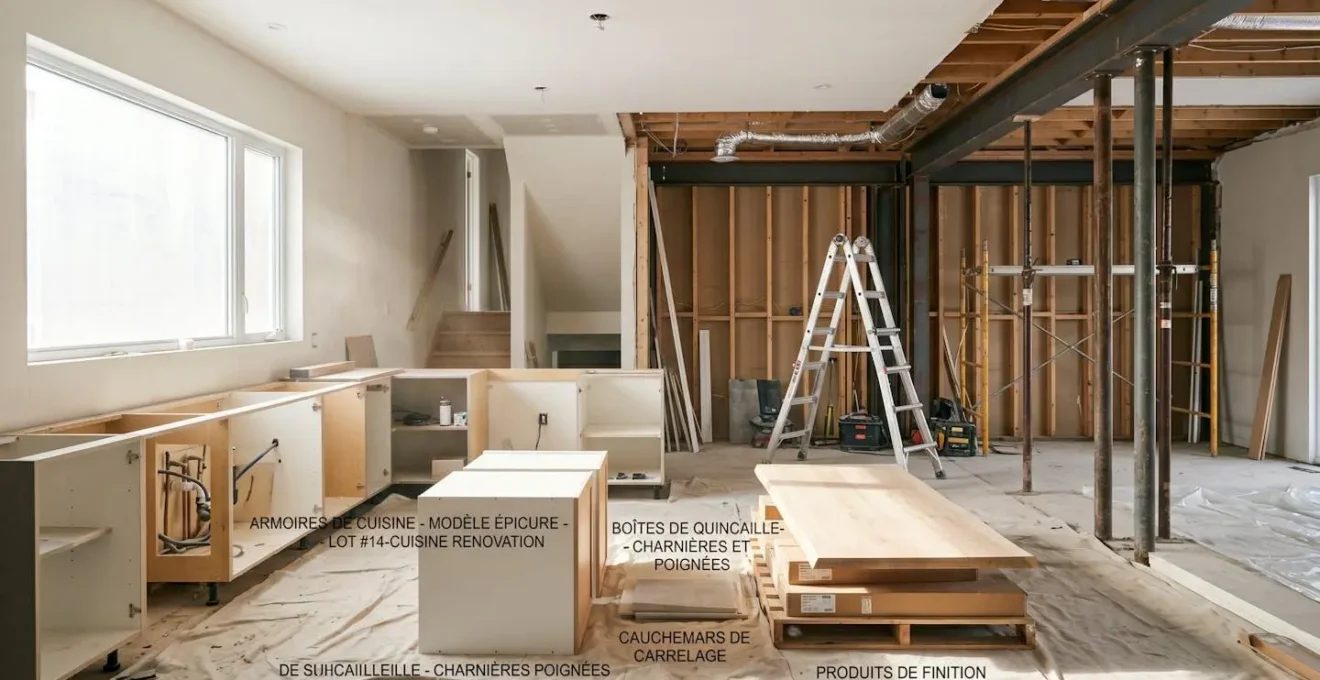 Intérieur lumineux d'une maison montréalaise en pleine rénovation majeure, avec cuisine partiellement démontée au premier plan, nouveaux matériaux entreposés, mur porteur renforcé visible à l'arrière-plan, échelle professionnelle et bâches de protection, lumière naturelle révélant poussière de chantier