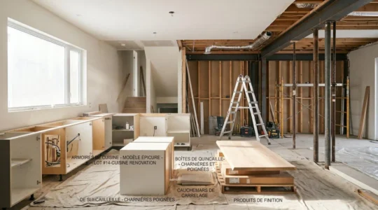 Intérieur lumineux d'une maison montréalaise en pleine rénovation majeure, avec cuisine partiellement démontée au premier plan, nouveaux matériaux entreposés, mur porteur renforcé visible à l'arrière-plan, échelle professionnelle et bâches de protection, lumière naturelle révélant poussière de chantier