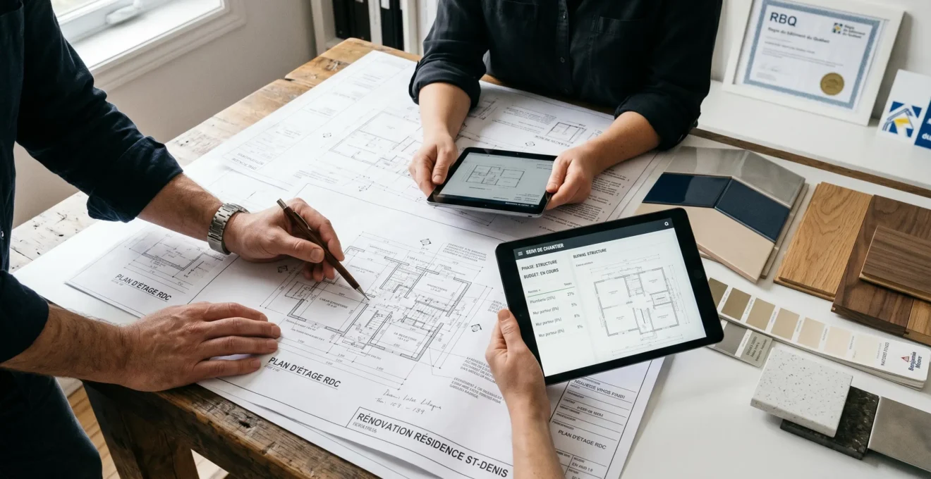 Vue en plongée sur table de travail avec plans architecturaux de rénovation détaillés, deux paires de mains pointant des zones spécifiques, l'une tenant un crayon et l'autre une tablette, échantillons de matériaux à droite, certificat RBQ encadré visible au mur en arrière-plan flou