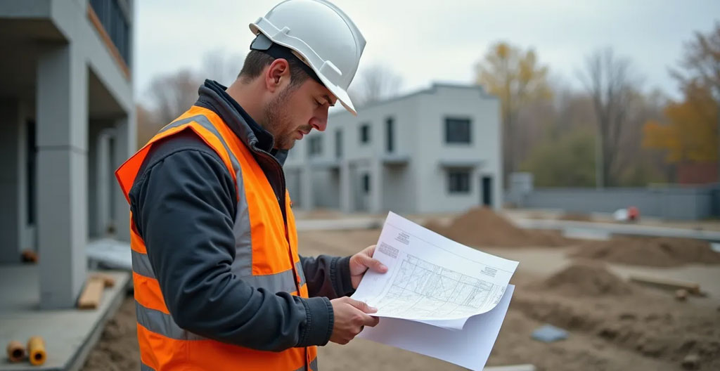 Vue en plongée sur table de travail avec plans architecturaux de rénovation détaillés, deux paires de mains pointant des zones spécifiques, l'une tenant un crayon et l'autre une tablette, échantillons de matériaux à droite, certificat RBQ encadré visible au mur en arrière-plan flou