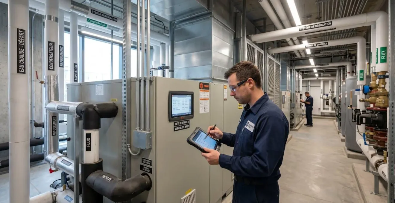 Salle mécanique moderne d'un bâtiment commercial avec unités HVAC équipées de panneaux de contrôle numériques et technicien consultant une tablette devant les équipements