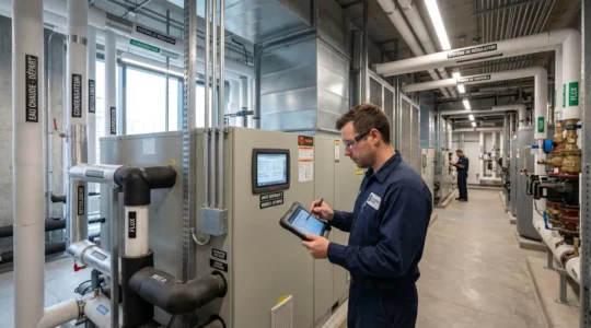 Salle mécanique moderne d'un bâtiment commercial avec unités HVAC équipées de panneaux de contrôle numériques et technicien consultant une tablette devant les équipements