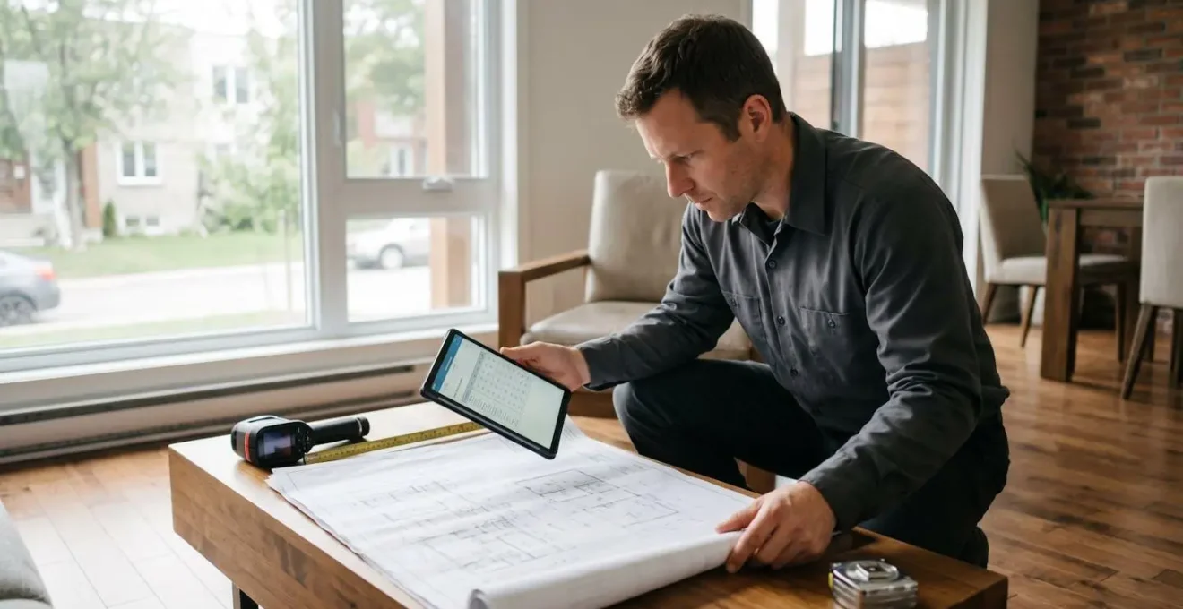 Technicien certifié RBQ analysant des plans de maison et effectuant des calculs de dimensionnement sur tablette numérique dans un salon résidentiel québécois, outils de mesure professionnels visibles sur la table