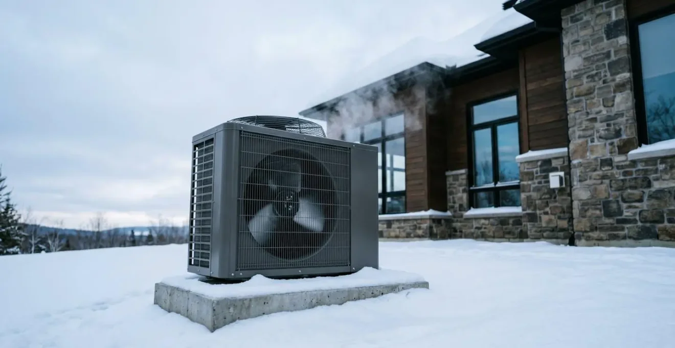 Unité extérieure de thermopompe centrale haute efficacité en fonctionnement hivernal avec neige accumulée et vapeur de condensation visible, installée sur le côté d'une résidence moderne des Laurentides sous ciel d'hiver québécois