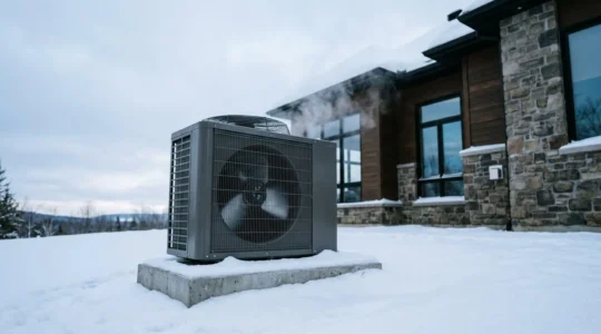 Unité extérieure de thermopompe centrale haute efficacité en fonctionnement hivernal avec neige accumulée et vapeur de condensation visible, installée sur le côté d'une résidence moderne des Laurentides sous ciel d'hiver québécois
