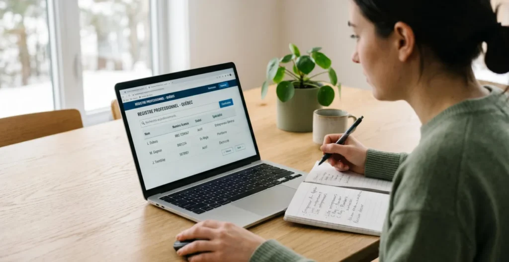 Écran d'ordinateur portable affichant interface de registre public professionnel en français avec colonnes de résultats (Nom, Numéro licence, Statut), main gauche sur souris, main droite tenant stylo au-dessus de carnet notes ouvert, fenêtre lumineuse en arrière-plan flou